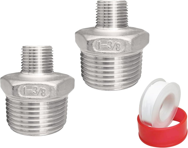 POTONZ 1" Male x 3/8" Male NPT Threaded Reducing Hex Nipple ，304 Stainless Steel Reducing Pipe Fitting Nipple Adapter With Teflon Plumbers Tape (Pack of 2) - Image 1